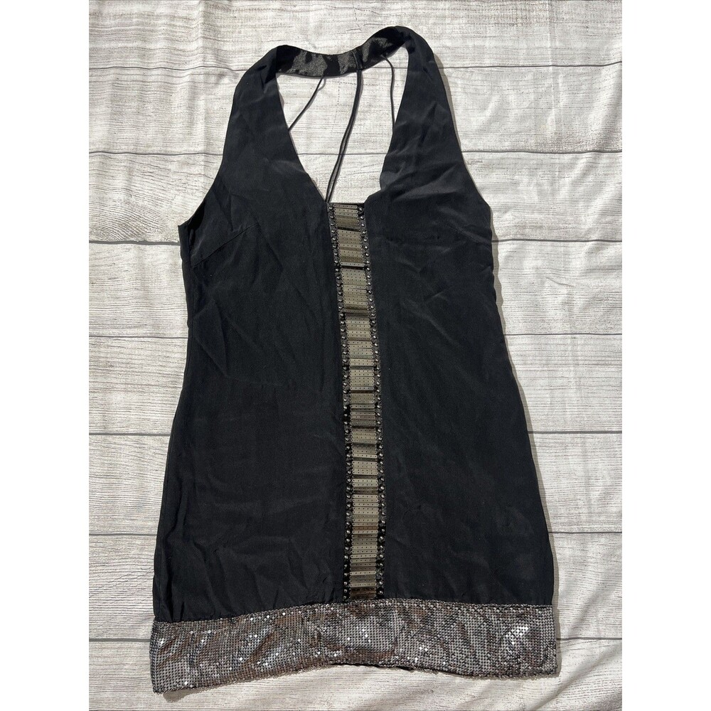 Bebe Womens Black Metal Sequin/Embellishment 100% Silk Party Dress Sz XS
